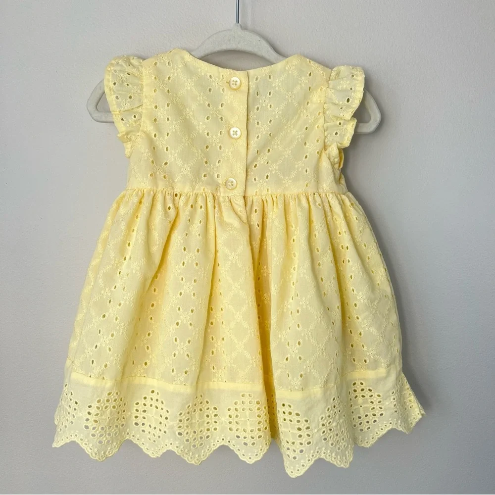 Baby Girl 6-9M Butter Yellow Schiffli Eyelet Dress White Flowers Cottagecore